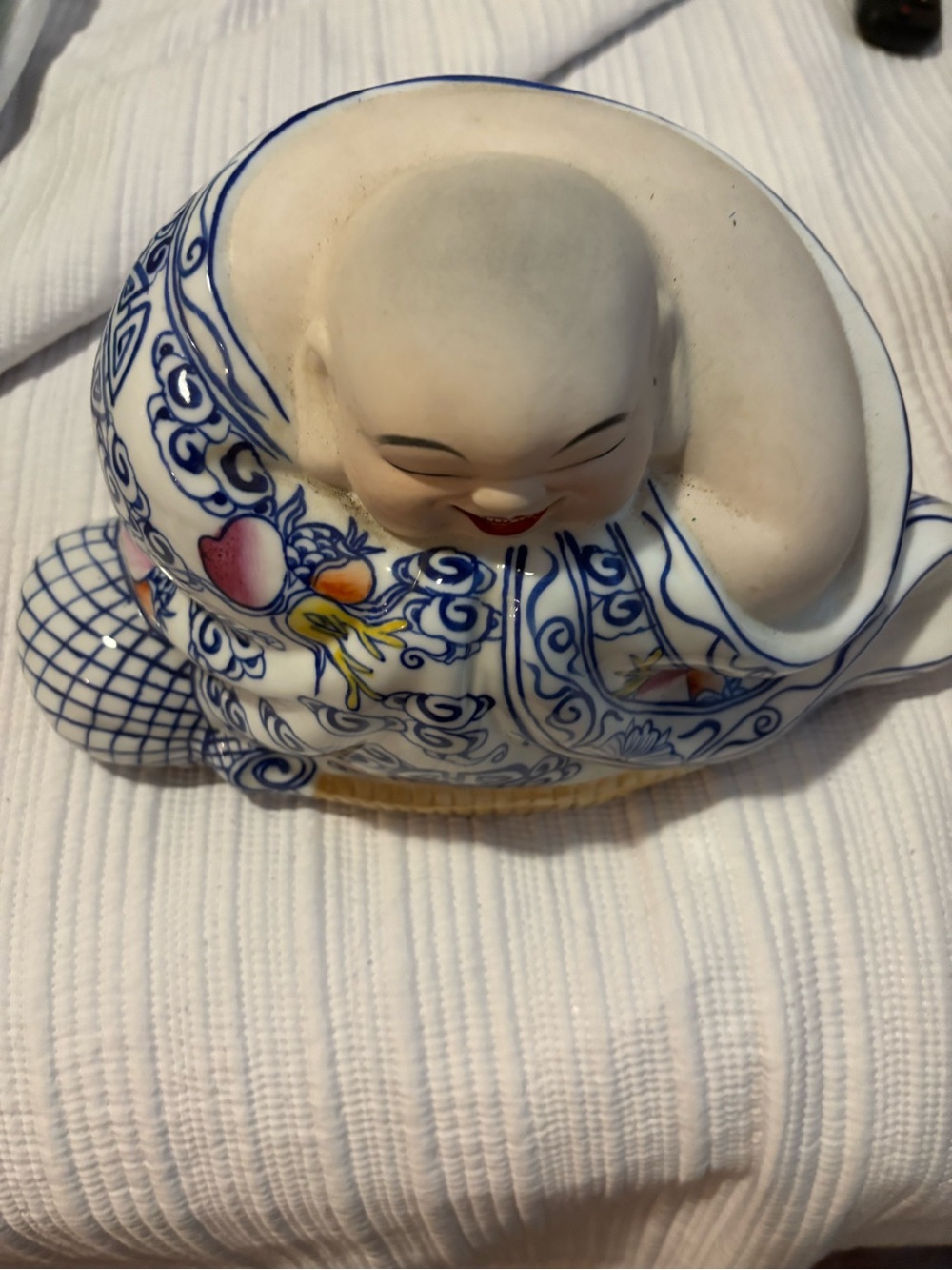 Blue & White Ceramic Laughing Buddha Figurine with Floral Accents - Picture 3 of 5